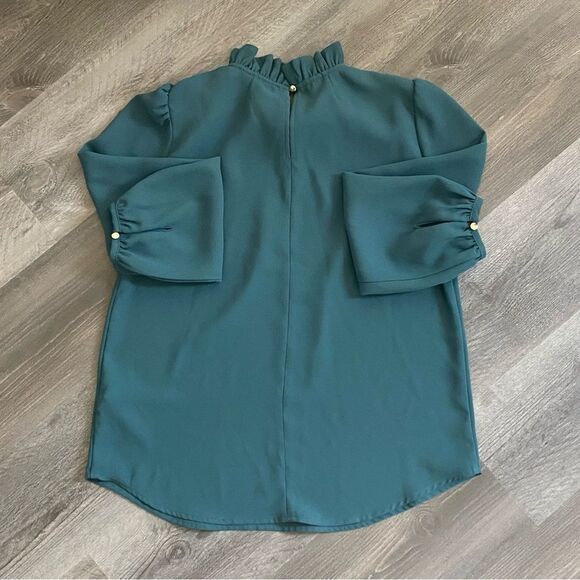 J. Crew Ruffle Blouse Dark Green Golden Buttons Small Academia Chic - Picture 4 of 7